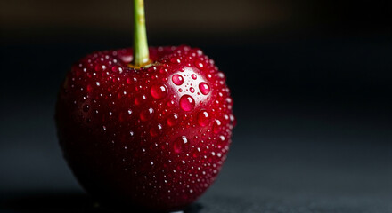 Delicious wet cherry glistening with fresh droplets, perfect for healthy eating promotions or summer snack illustrations, a juicy treat
