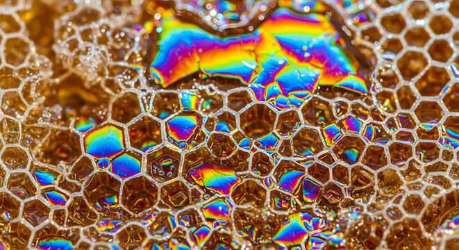 A detailed macro photograph of iridescent soap bubbles forming a vibrant hexagonal pattern.