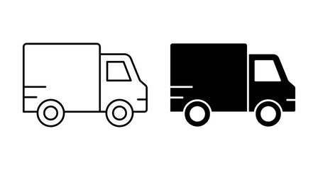 Black and White Delivery Truck Icons Vector Set - Minimalistic vector illustration showing black and white delivery truck icons, ideal for logistics, transport, courier, and shipping design concepts.
