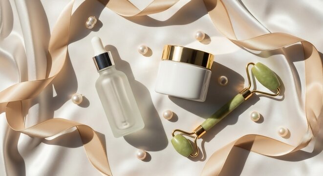 Cosmetics flatlay lotion serum jade roller pearls ribbon on silk fabric