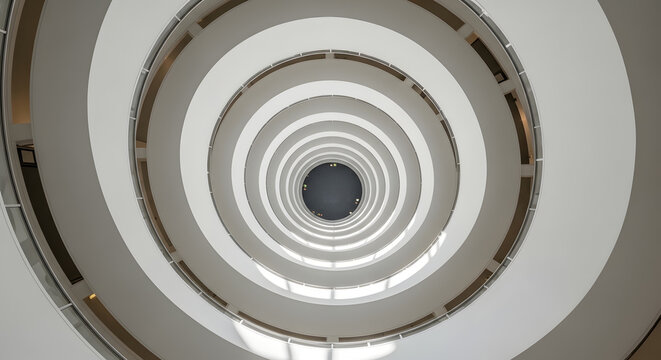 Worm's-eye view looking up through the spiraling concentric circles of a modern white atrium.