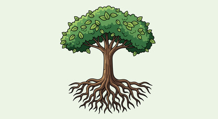Naklejka premium A vibrant illustration of a mature tree with a strong root system, symbolizing growth and stability