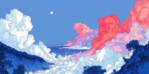 Vibrant digital illustration of pink and blue clouds over stylized ocean waves under full moon Concept of dreamy surreal nature