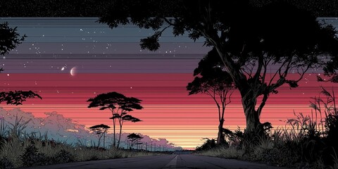 Silhouette of lone tree and acacia against vivid red and purple sunset sky Concept of African wilderness tranquility