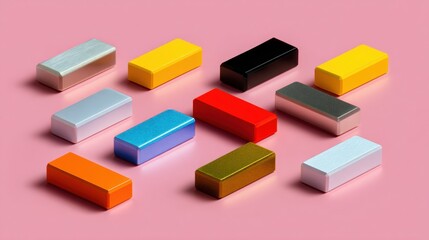Obraz premium Group of small rectangular objects arranged in a scattered manner on a pink background.