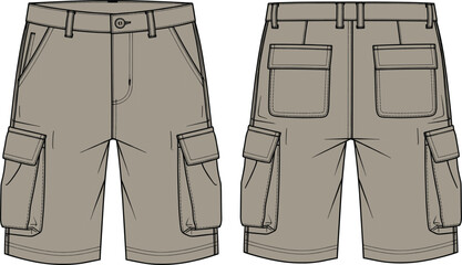 Cargo shorts technical flat sketch, front and back view, fashion design template, multi-pocket construction, belt loops, flap pockets, durable garment illustration