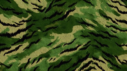 Camouflage pattern showcases an abstract design, featuring a blend of greens and earthy tones with streaks of black across the surface, emulating a textural canvas effect.