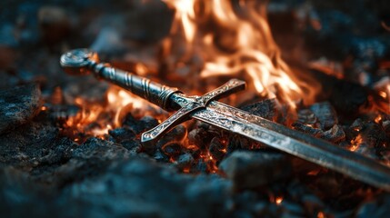 low key image of silver sword in the flames of fire. fantasy medieval period.