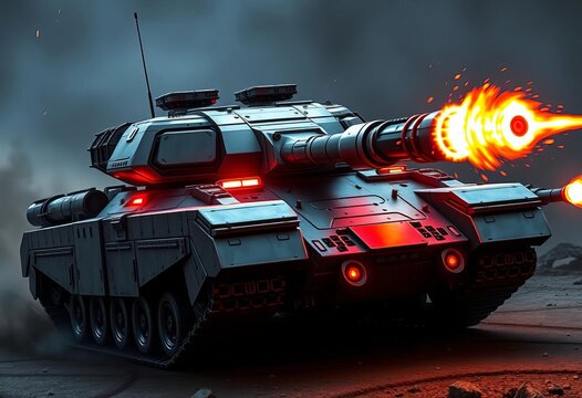 Futuristic tank engages enemy, energy weapons blazing,  futuristic war,   missile