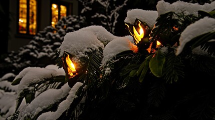 Telephoto 85mm highlighting detail of glowing ornaments with blurred snowy background