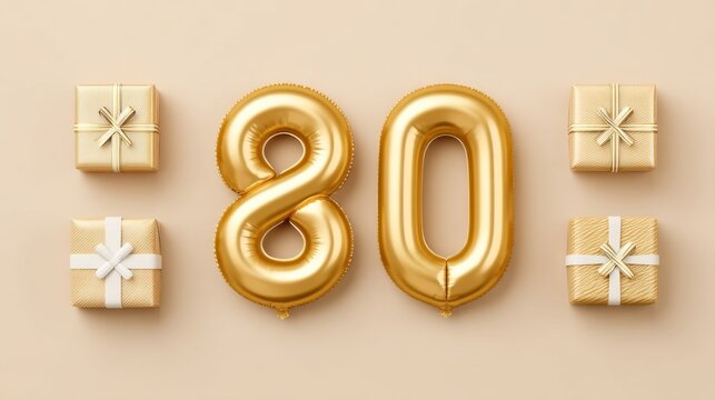 Golden balloons representing the age 80 surrounded by beautifully wrapped gifts on a soft beige background for milestone birthday celebration