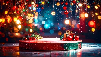round pedestal with Christmas decor, decorate tree, and bokeh lights in background for product display or mock up
