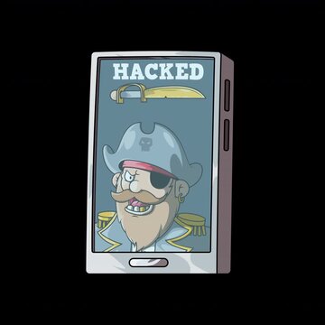 Phone Sticker Animation with Pirate on Screen and &ldquo;Hacked&rdquo; Text. Alpha loop animation.