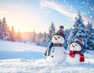 Fototapeta premium two happy snowmen watching the snow fall in a snowy winter forest at sunset