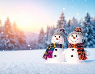 Obraz premium two happy snowmen watching the snow fall in a snowy winter forest at sunset