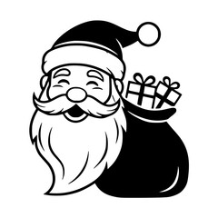 Black and white illustration of a cheerful Santa Claus with a big beard, wearing a hat, smiling, and carrying a sack full of wrapped gifts. Perfect for Christmas and holiday designs.