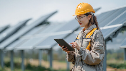Female engineer monitors solar farm operations with tablet in sunny outdoor setting