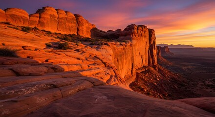 Fototapeta premium The rich, warm glow of sunset on a sandstone cliff.
