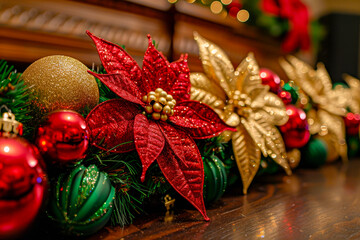 Fototapeta premium Festive christmas background with snowflakes, twinkling lights, and rich red, green, gold colors