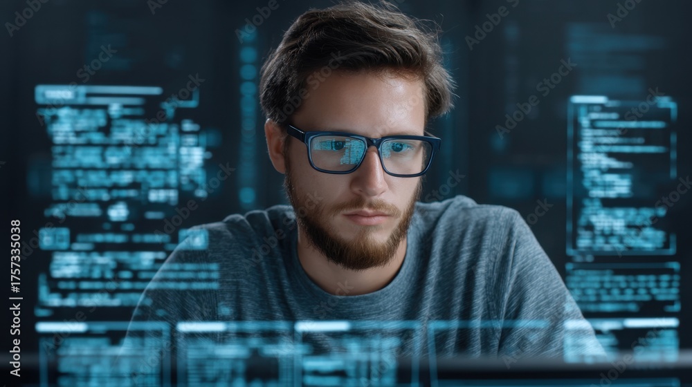 Wall mural young man focused on computer screen with digital data and code elements in a high-tech workspace en