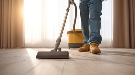 Fototapeta premium Person Vacuuming Hardwood Floor with Professional Equipment in Bright Room with Sunlight Streaming Through Curtains