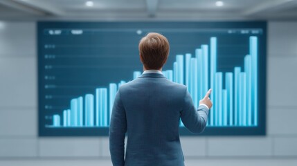 Business professional analyzing data trends on a large screen in a modern office environment with focus on charts and analytics for informed decision-making