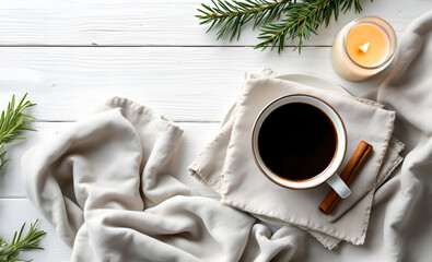 Top view composition, rustic ceramic coffee mug with pinecones, paper decorations, linen fabric, neutral earthy tones, soft natural light.