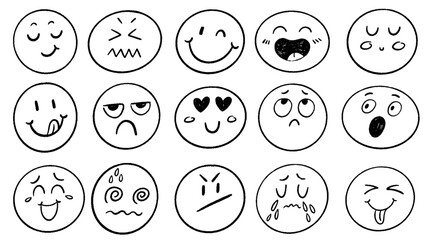 Crayon emoji faces set. Hand drawn chalk icons with emotions, mood, happy, in love, smiling face with tongue hanging out, sad, mad, crying. Vector doodle illustration fun kid style charcoal texture