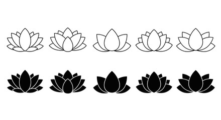 Collection of lotus flower icons in black and white showing different stages of bloom and petal.