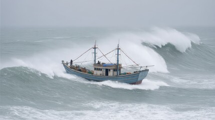 Small fishing boat braving stormy waves in rough sea showcasing resilience and adventure amidst nature's fury and challenging maritime conditions
