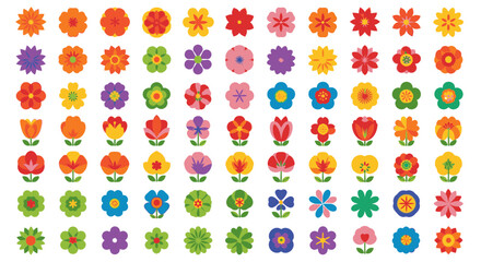 Collection of colorful floral elements with different shapes and vibrant colors, perfect for spring.