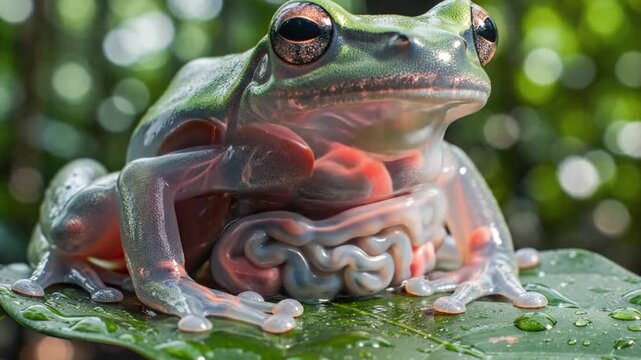 Glass frog with translucent skin and visible internal organs on a green leaf.