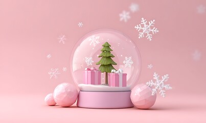A delicate pink snow globe with a festive christmas tree inside