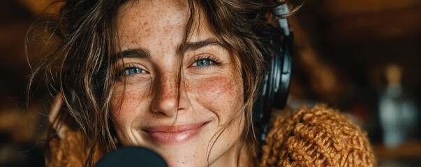 Smiling young woman wearing headphones captured in a cozy environment