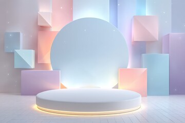 Minimalistic pastel podium with geometric shapes and glowing light effects