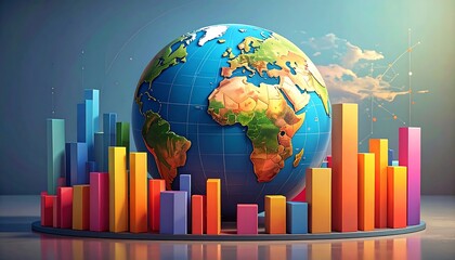 Earth globe with colorful bar graphs, concept of data analysis and growth