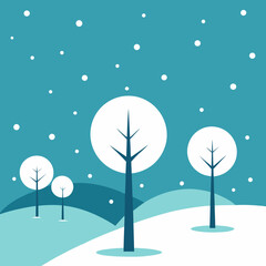 Winter landscape with snow-covered trees and falling snow, minimalist vector