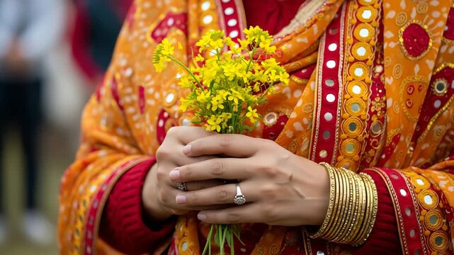 Woman holding mustard flowers with traditional dress and golden bangles