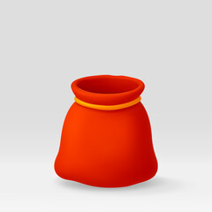 Red empty santa bag or gift sack on gray background. Festive holiday storage container for Christmas present or promotion. 3d stock vector illustration.