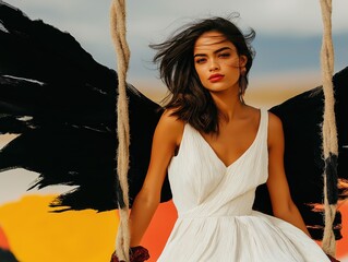 Smiling woman in white dress with black angel wings standing on bright background with colorful sky Concept of freedom and contrast