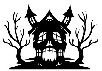 Haunted mansion shaped like skull surrounded by leafless trees, eerie shadows and dripping roof creating dark halloween atmosphere