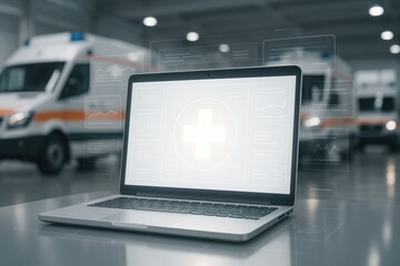 Medical Technology: A laptop displaying a medical cross, positioned in front of a row of ambulances, representing the fusion of technology and emergency healthcare.