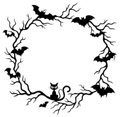 Halloween round frame made of dry tree branches with bats flying around and a black cat sitting inside the circl