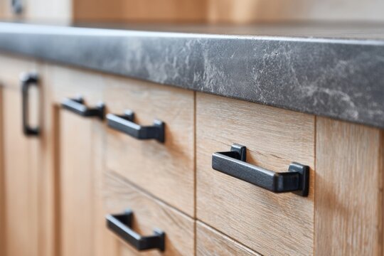 Front kitchen natural light wood cabinet doors and drawers. Closeup cabinet door, black steel handles, furniture base set. Quartz Countertop. Trendy interior units. Home improvement concept. Sample