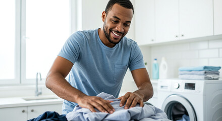 Obraz premium Man folding wrinkled laundry with focused look in modern laundry room, home chore efficiency