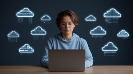 Focused young person working on laptop with cloud computing graphics in modern digital workspace, illustrating technology, innovation, and remote collaboration