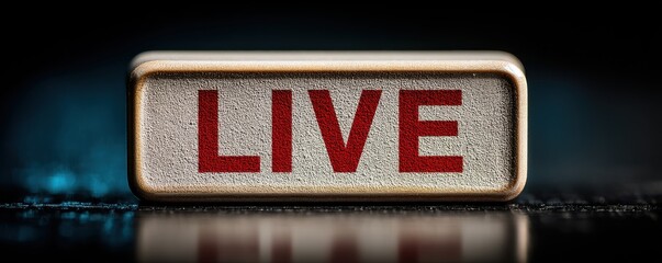 A white rectangular button with bold red text and textured surface