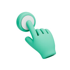 3d rendering of a mint green hand pressing a circular button interface isolated on transparent background