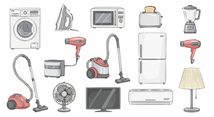 Watercolor household appliance collection, modern home electronics and tools in soft muted colors, clean illustrative domestic design