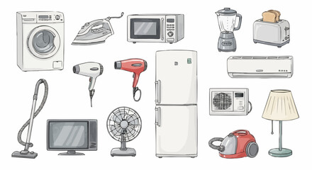 Watercolor household appliance collection, modern home electronics and tools in soft muted colors, clean illustrative domestic design